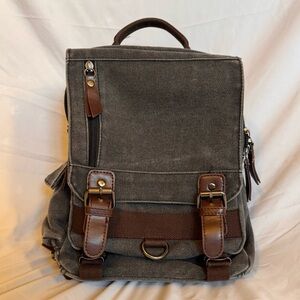 Women’s Stylish Gray Canvas Backpack with Brown Accents
